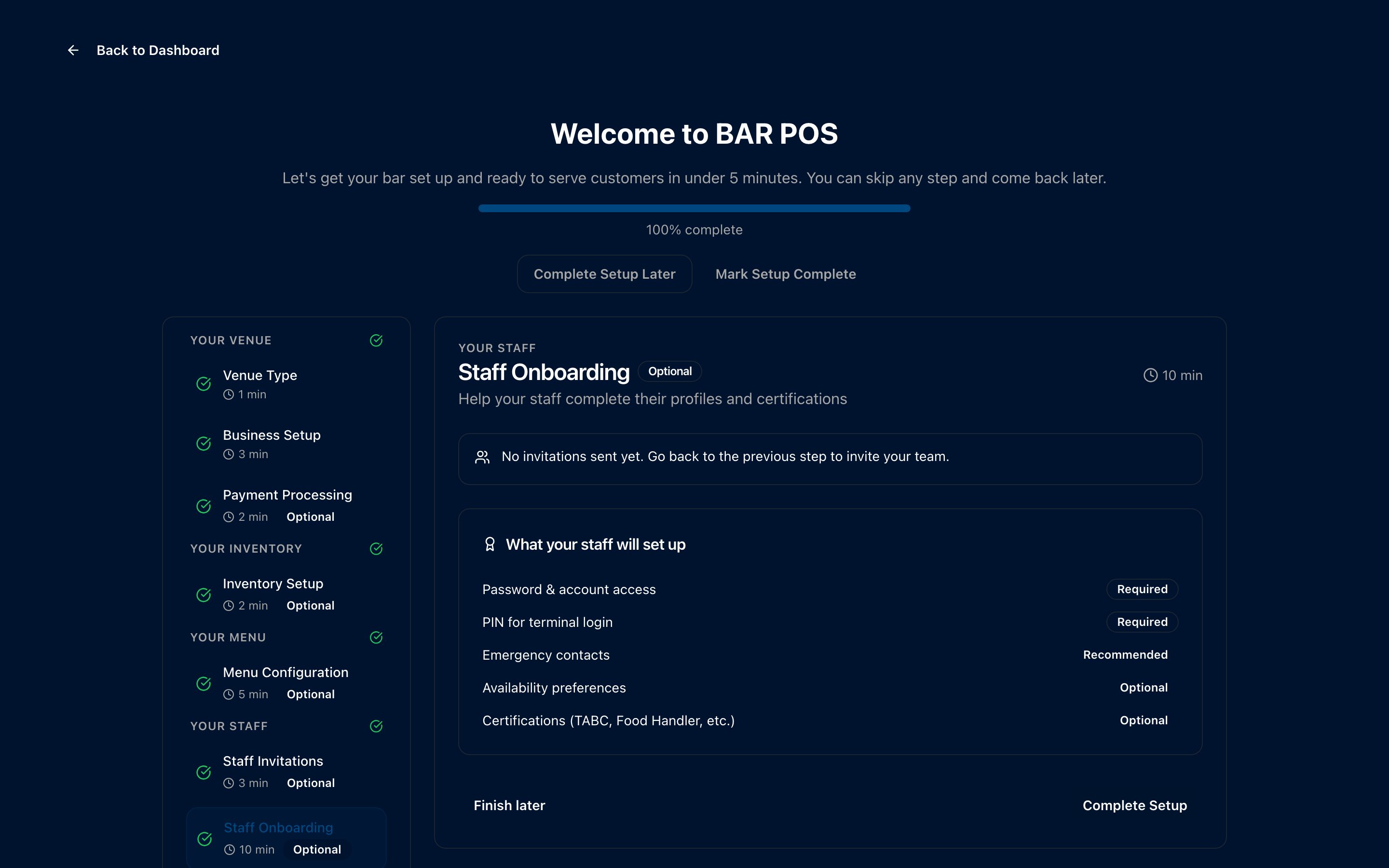 BAR POS guided setup — a step-by-step wizard for venue, payments, inventory, menu, and staff