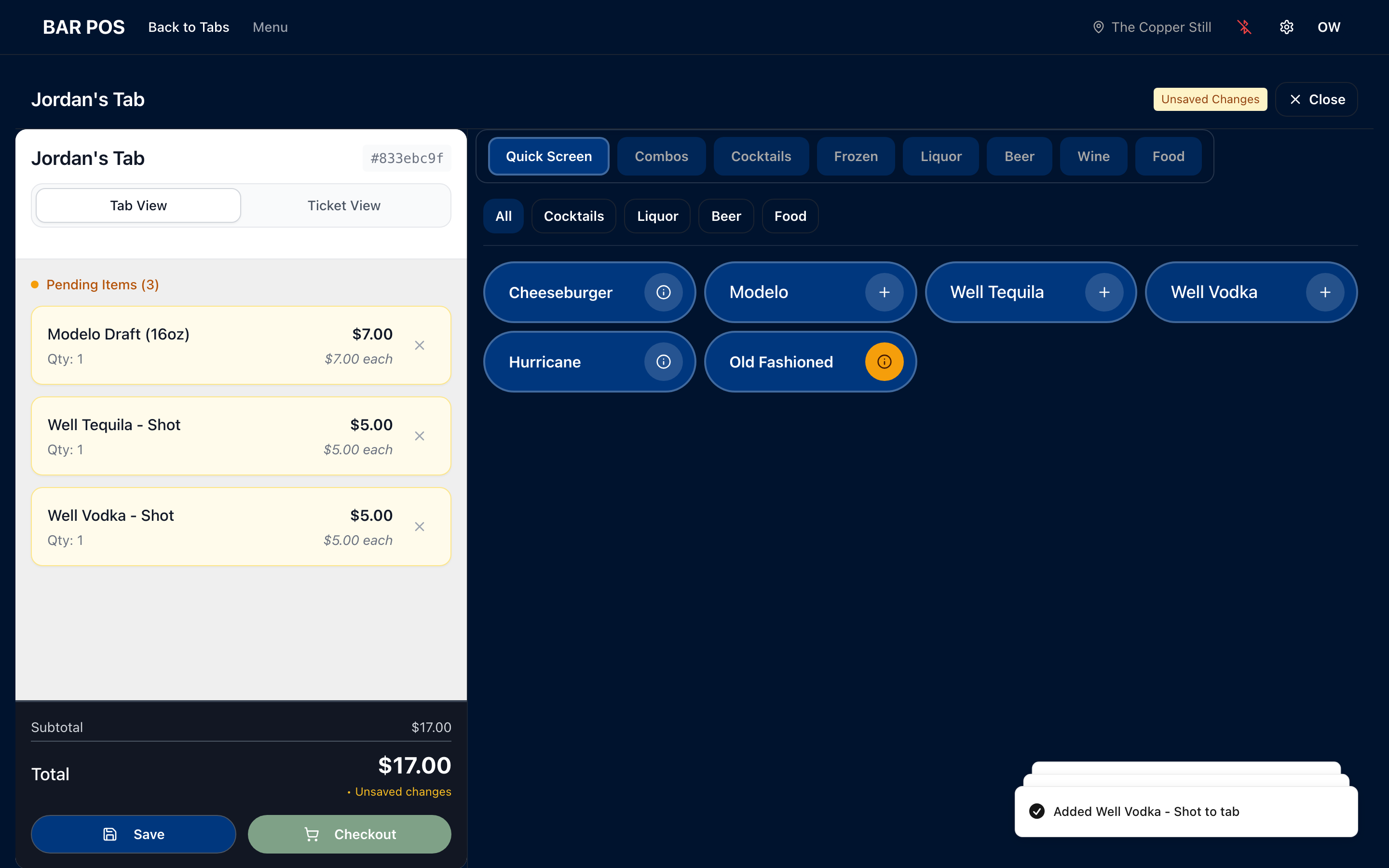 BAR POS tabs screen — open tabs by guest, built for iPad at the bar